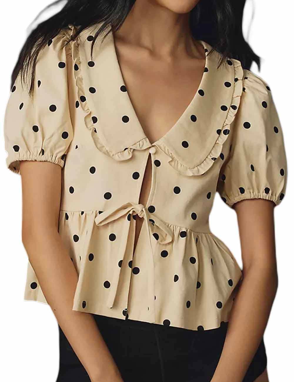 Collar Puff Sleeves Polka Dot Top