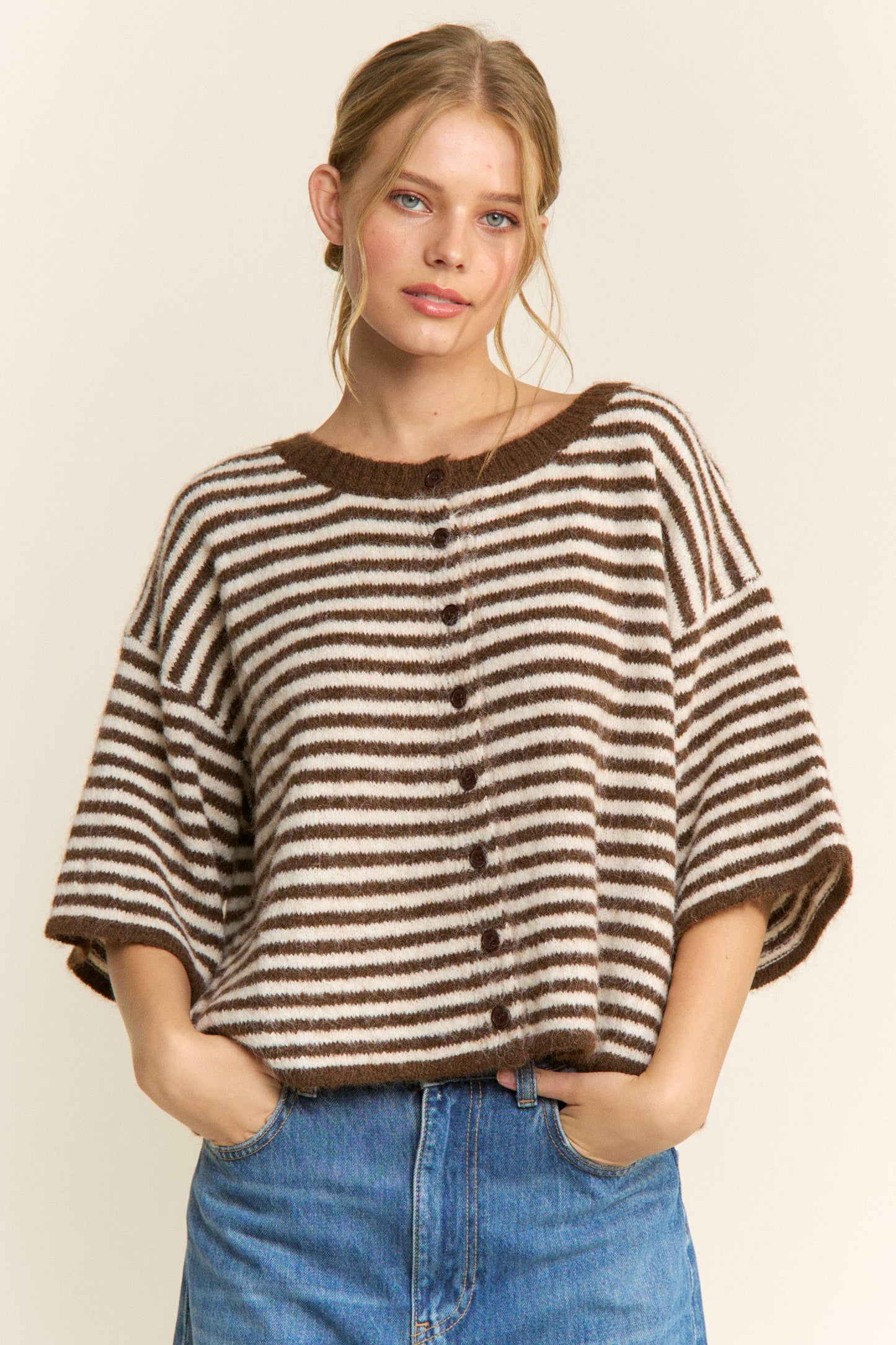 Brown Striped Cropped Soft Knit Cardigan