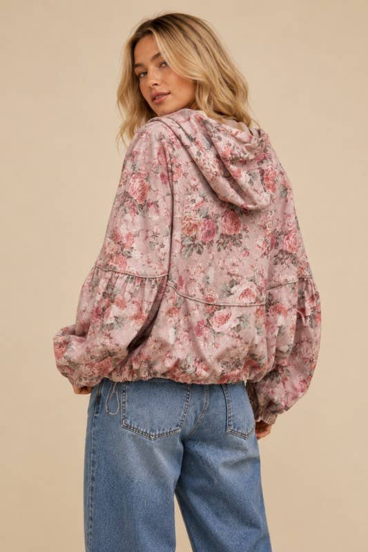J.NNA - DENIM FLORAL PATTERN HOODED JACKET