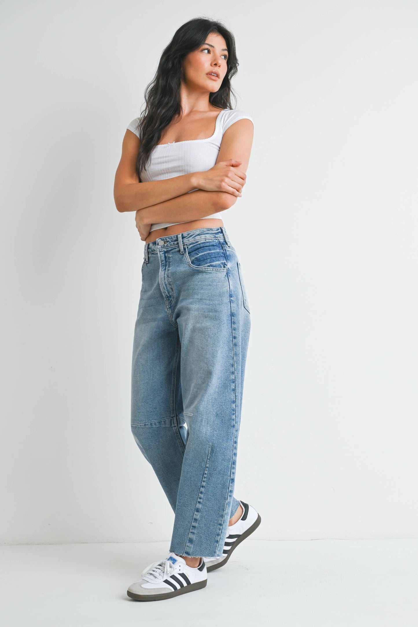 JUST BLACK DENIM - Raw Hem Barrel Jean w/ Seams - LIGHT DENIM - BP473J
