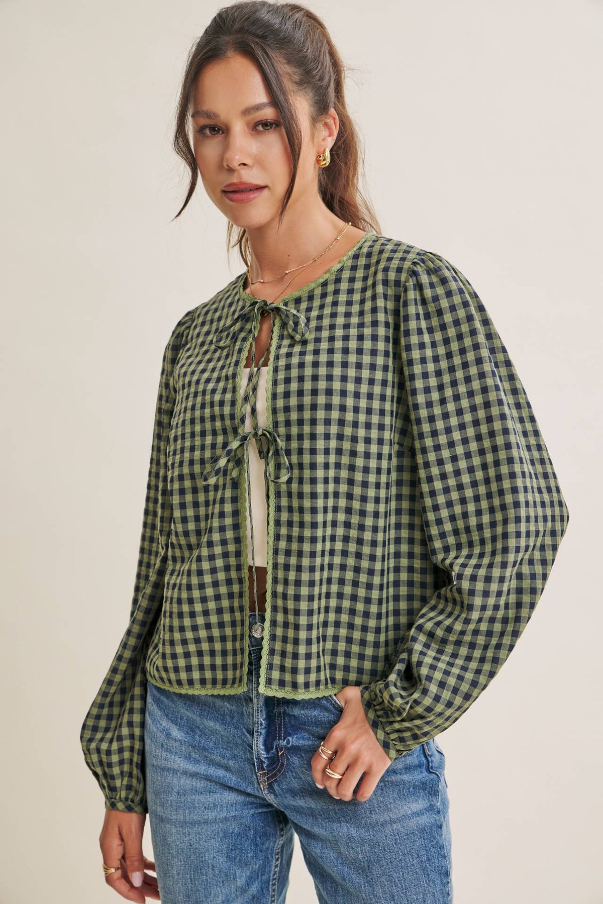 GINGHAM TIE-FRONT CROCHET LACE BLOUSE