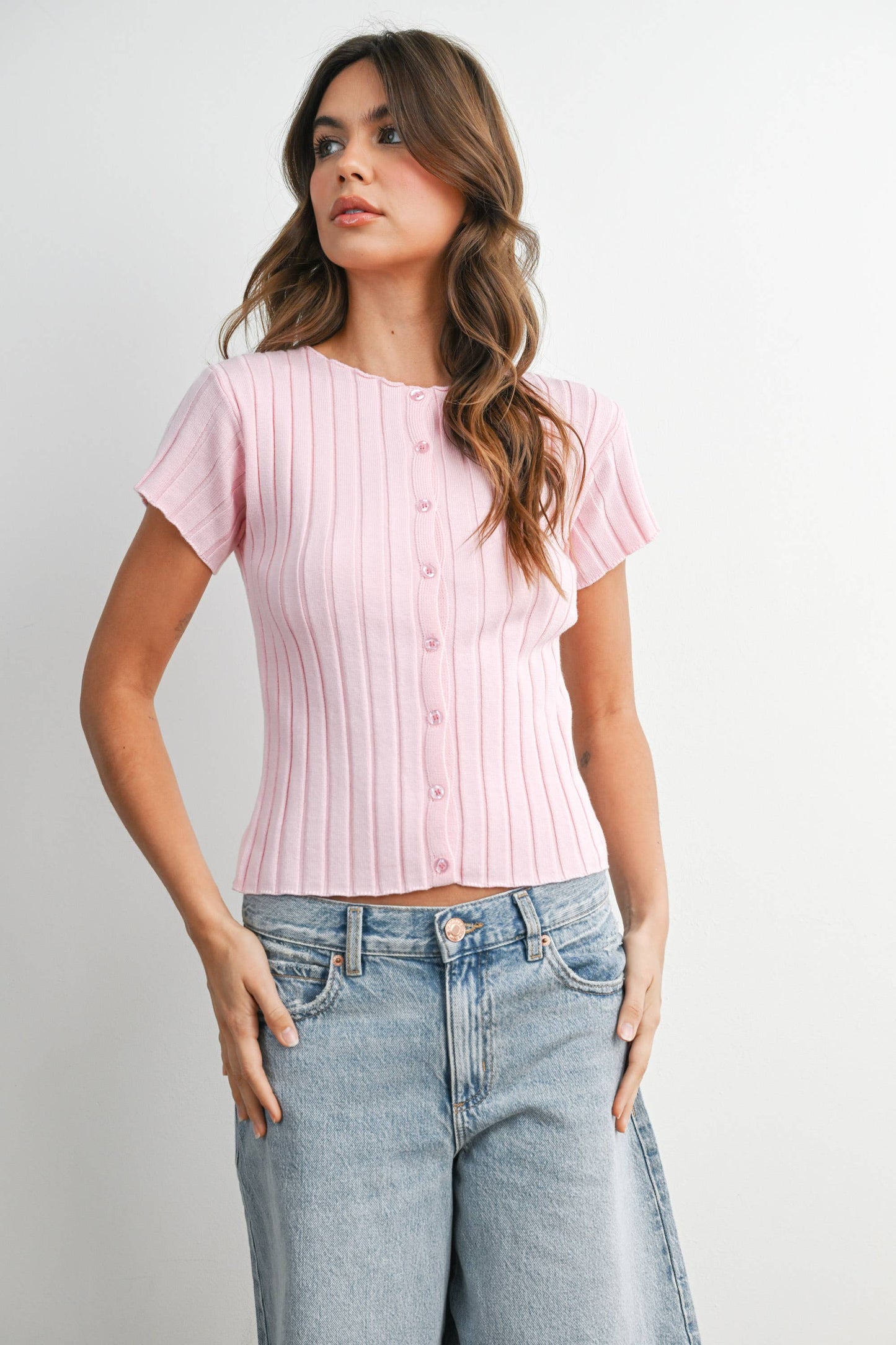 Ribbed Short Sleeve Buttoned Top