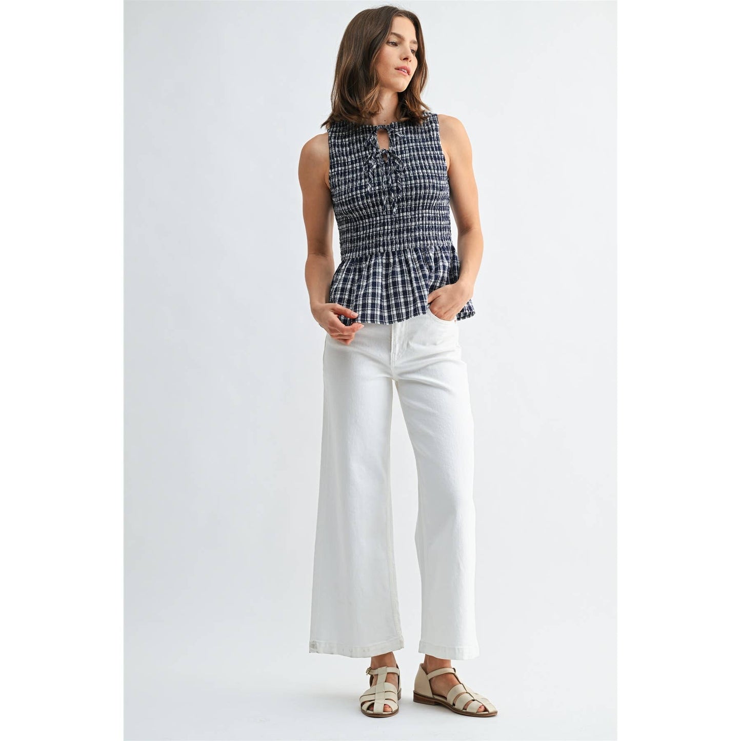 FUN2FUN - GINGHAM PRINTED SLEEVELESS PEPLUM TIE DETAIL SOCKED TOP