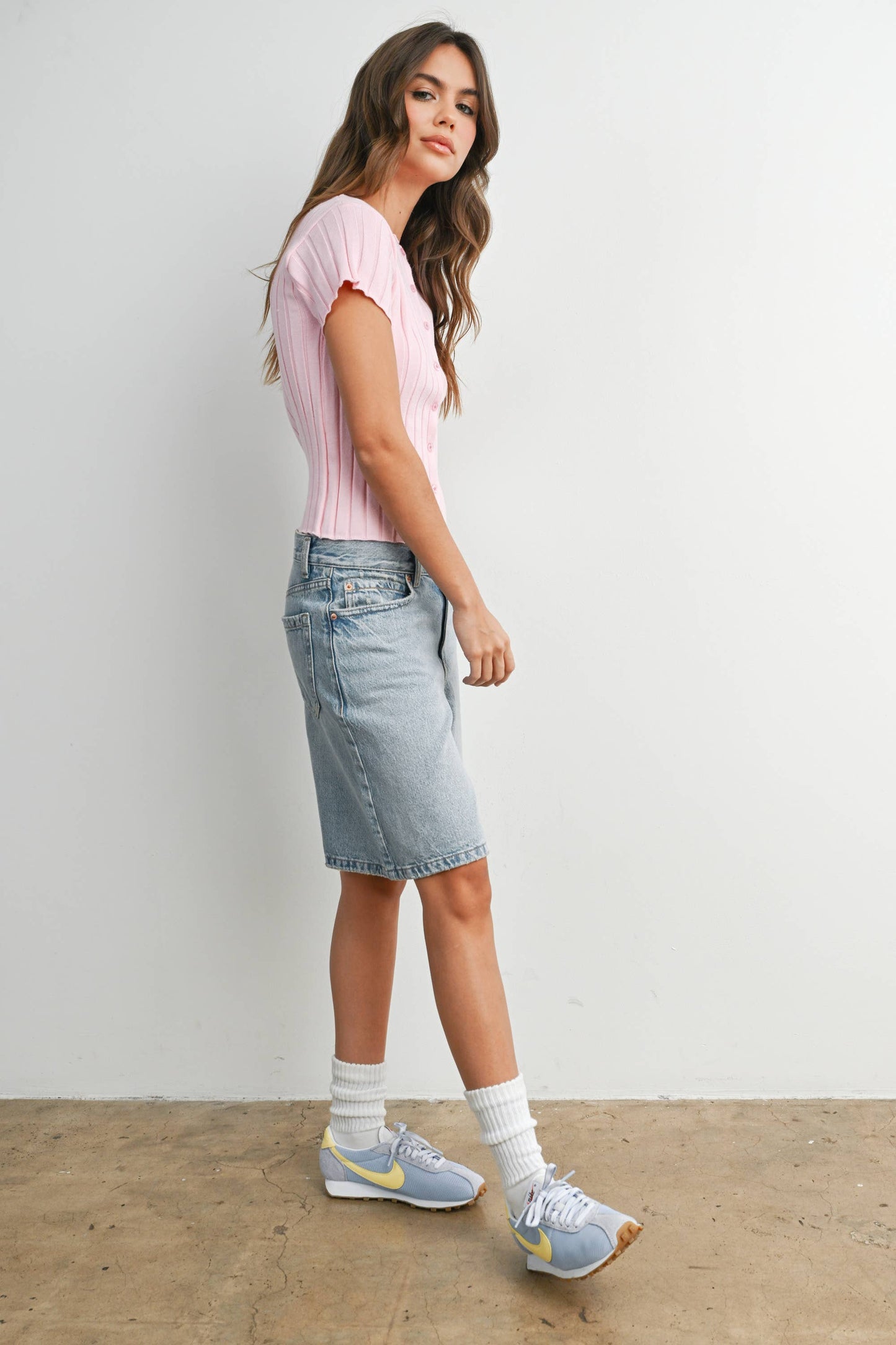 Ribbed Short Sleeve Buttoned Top