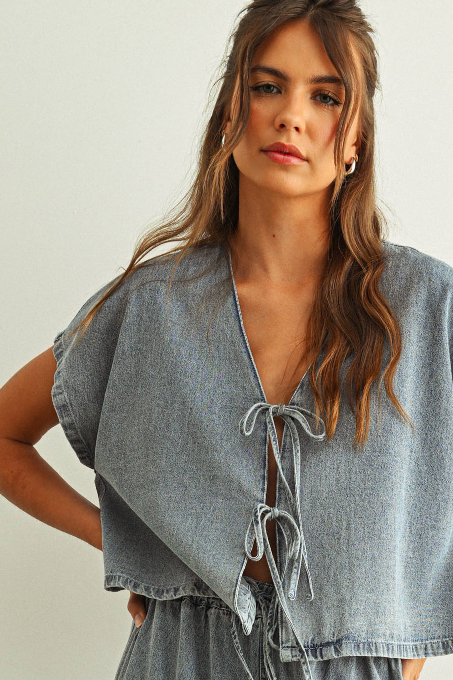 MIOU MUSE - T4768ST   DENIM TIED FRONT BLOUSE