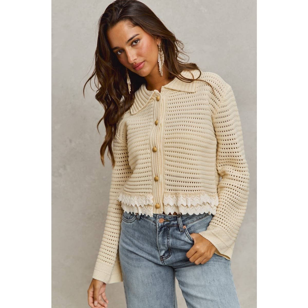 IVE - Textured Button Down Sweater Collared Cardigan