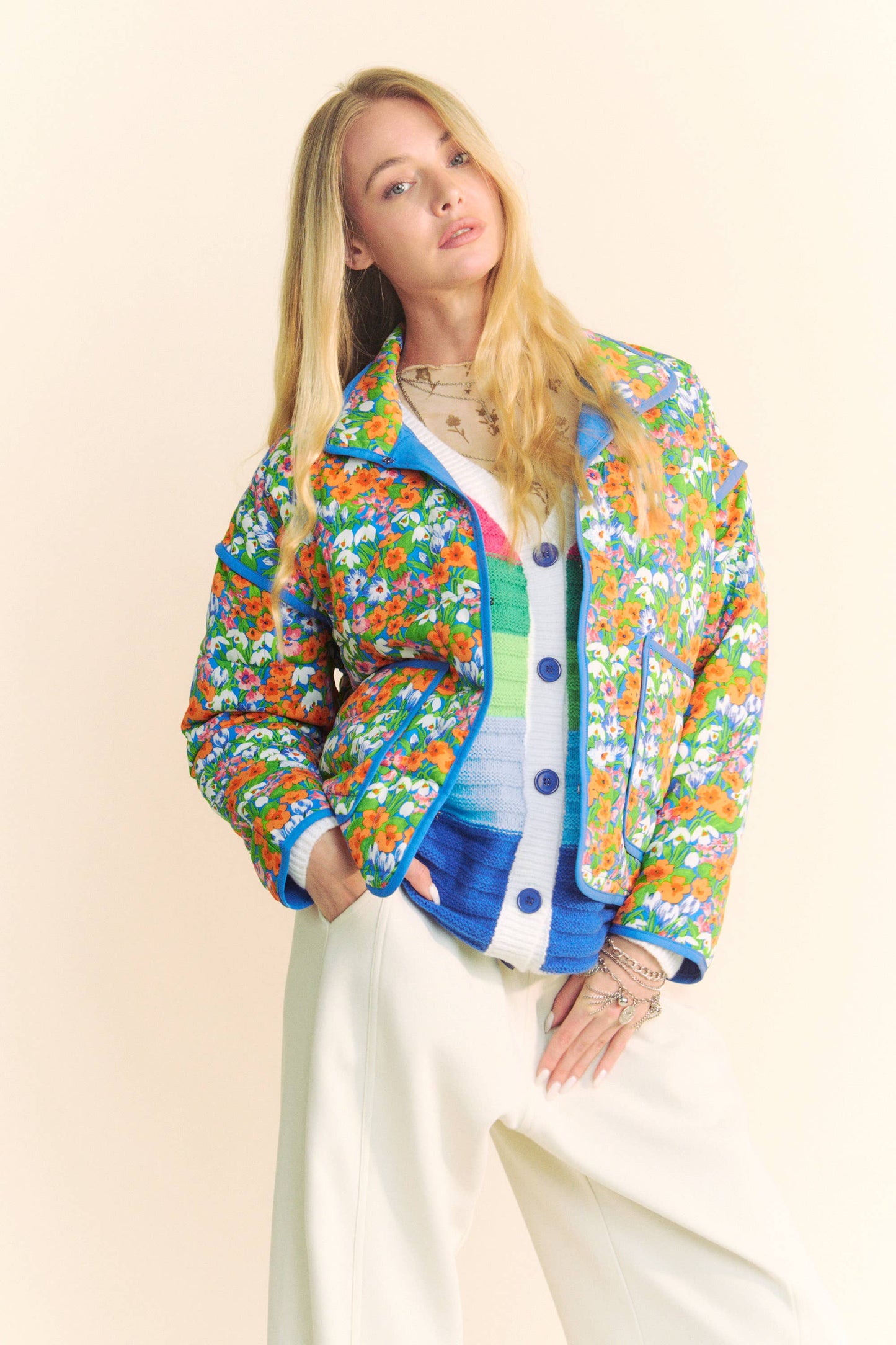 RETRO FLORAL PRINT CONTRAST BINDING PADDED JACKET