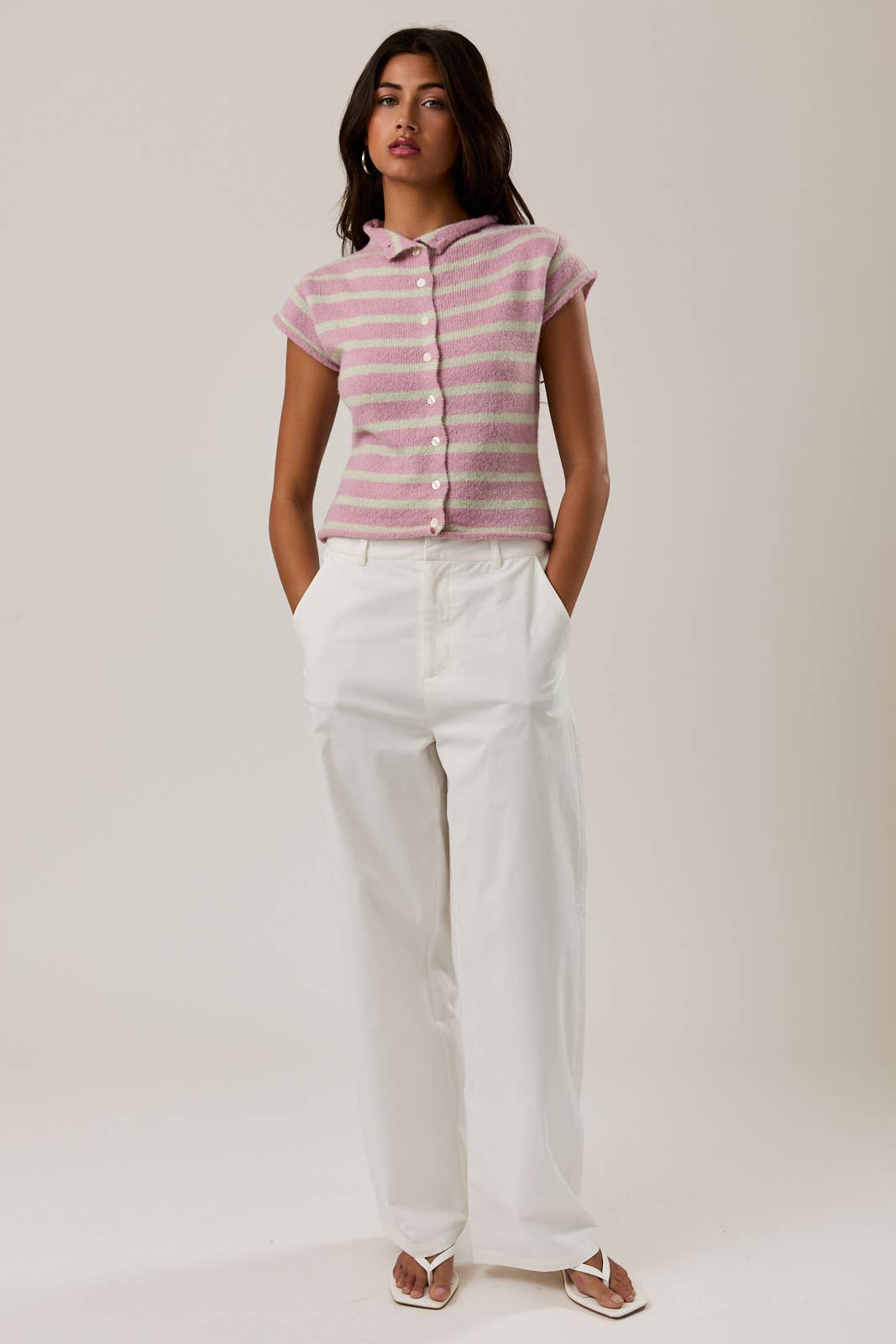 HIGH NECK BUTTON DOWN STRIPE SWEATER TOP