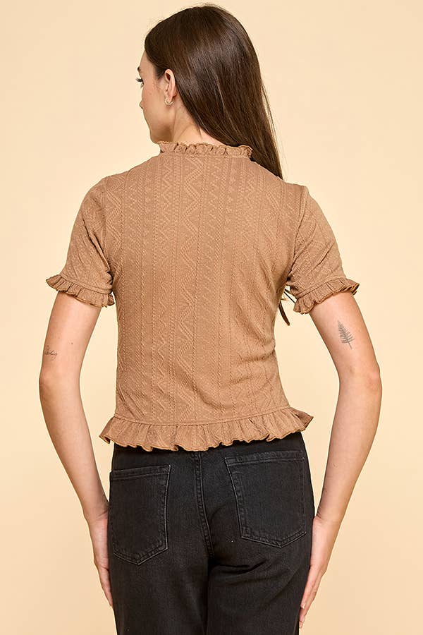 Cable knit top with short sleeve and button front