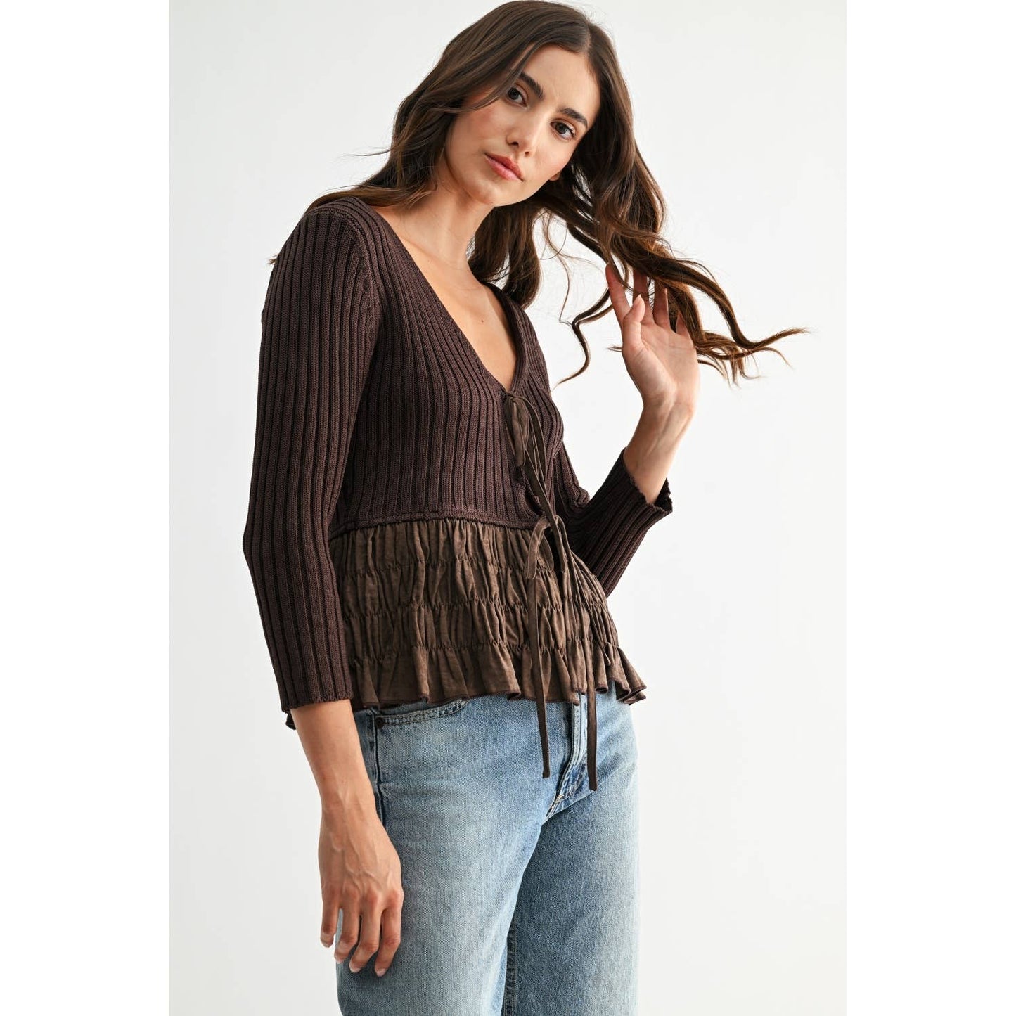 TEXTURED KNIT BLOUSE WITH RUCHED PEPLUM