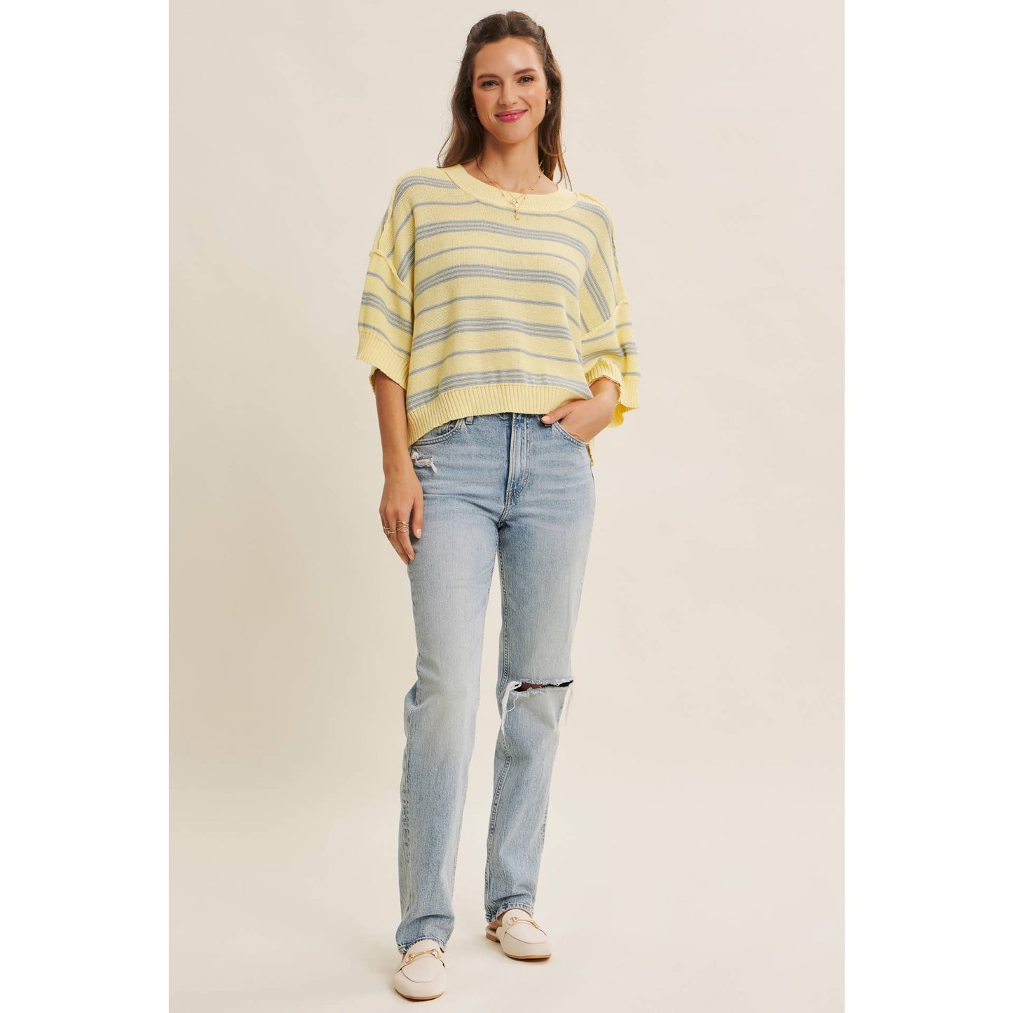 in february - ESSENSE OF WEEKENDS BOXY STRIPE SWEATER WITH DROP SHOULDERS