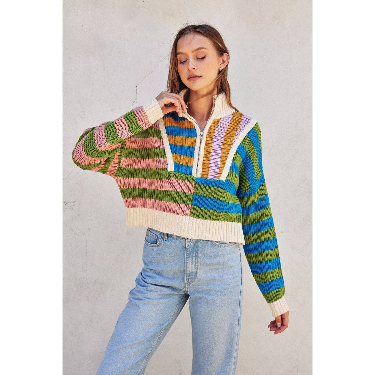 Colorblock Half Zip Collared Sweater