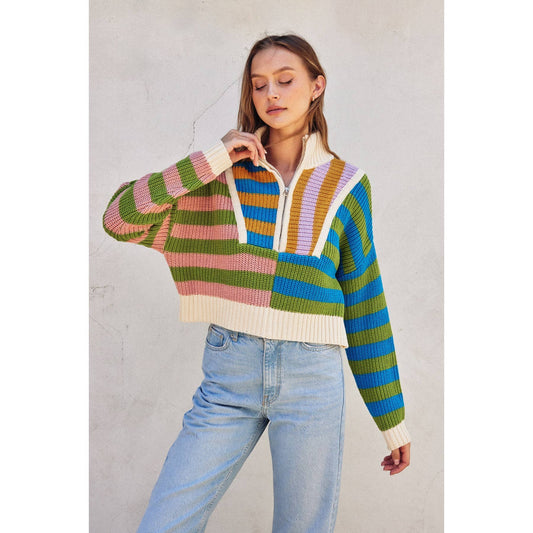 Colorblock Half Zip Collared Sweater
