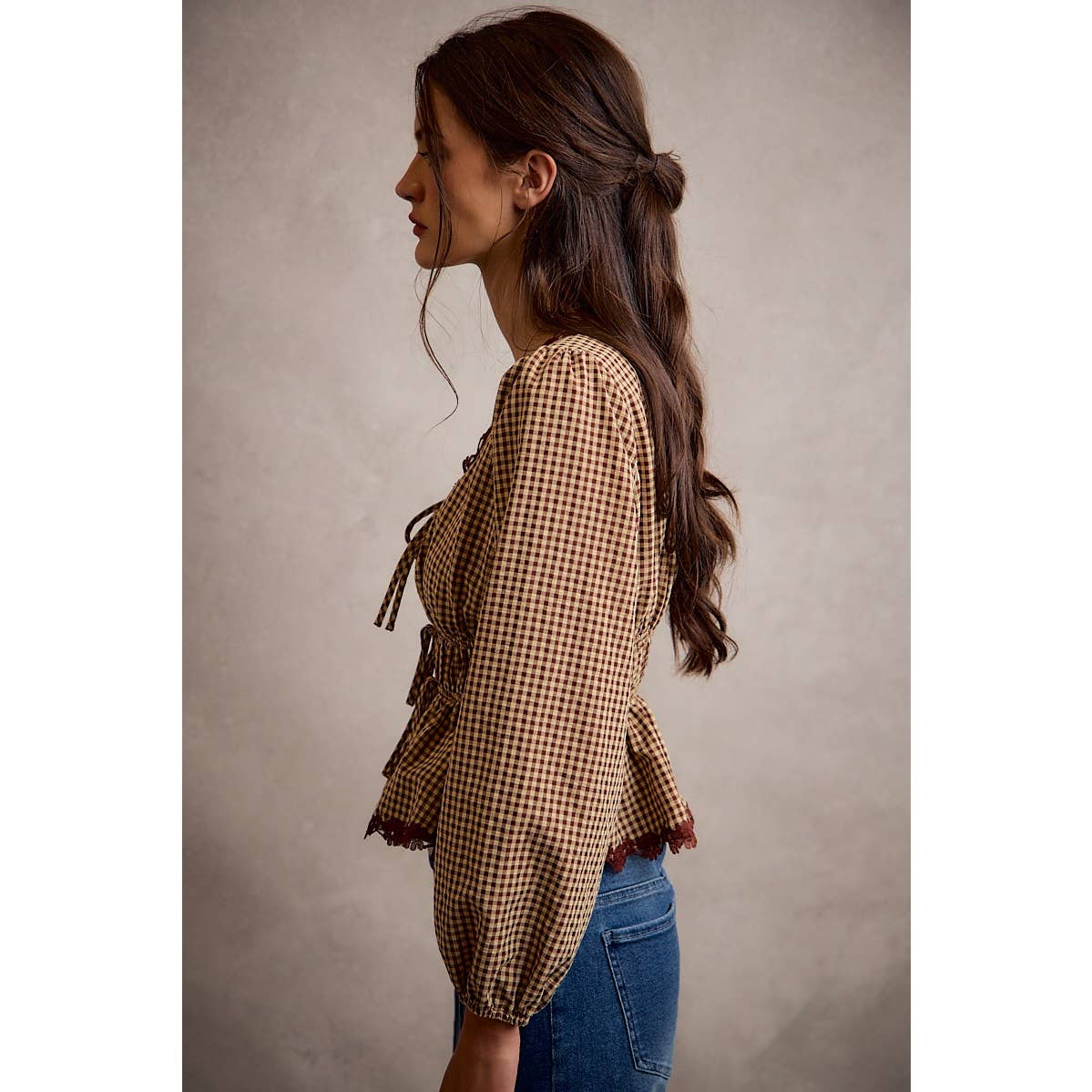 GINGHAM CHECK LACE TRIM RUCHED BODICE BLOUSE TOP