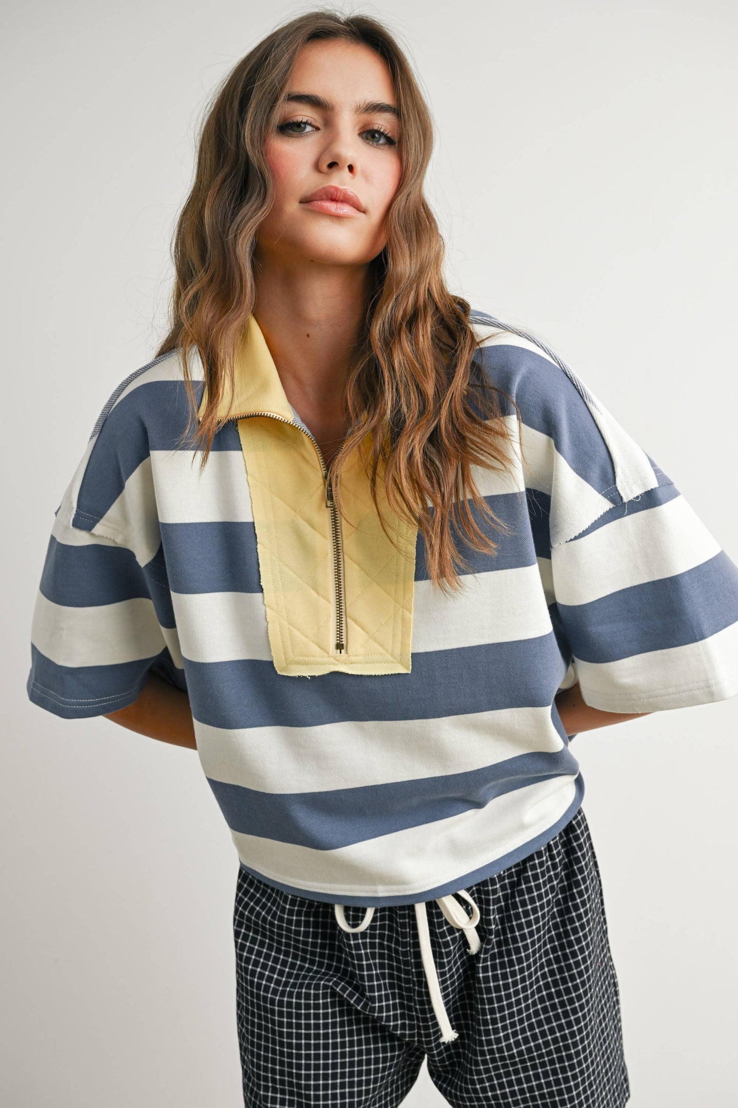 BUTTERMELON - Oversized Striped Zip-Up Polo Shirt - BMT7711