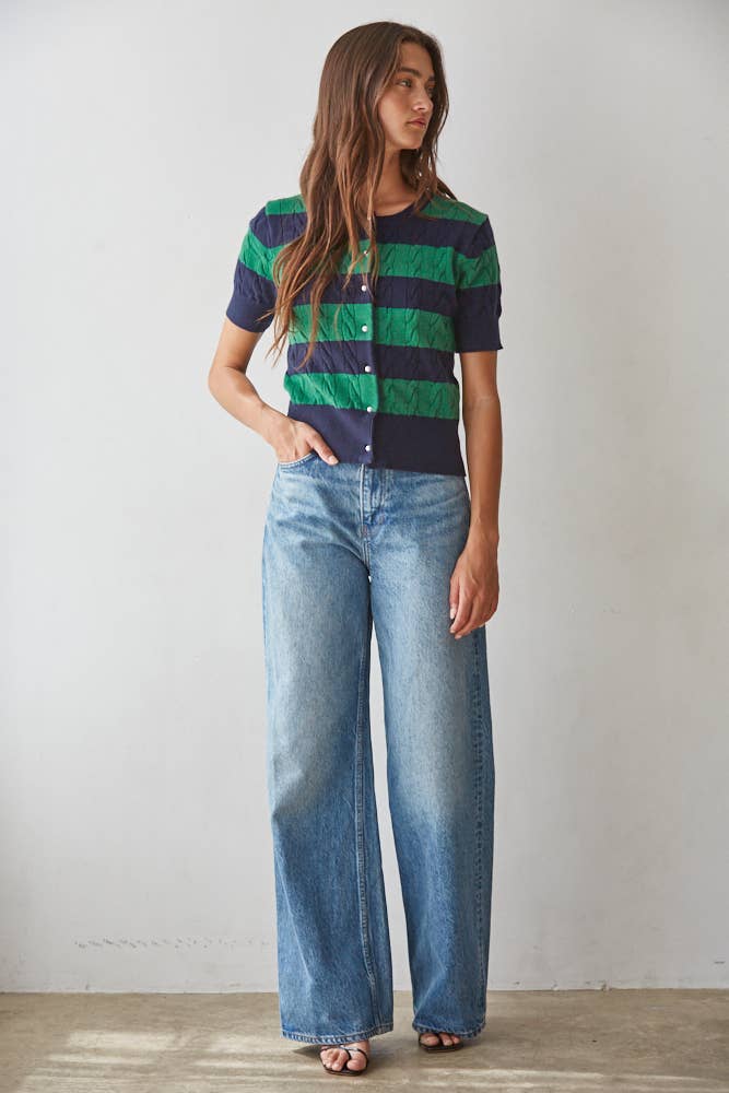 Cable Knit Button Down Short Sleeve Cardigan Top