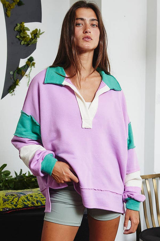 Color-block Collared Loose Fit Top