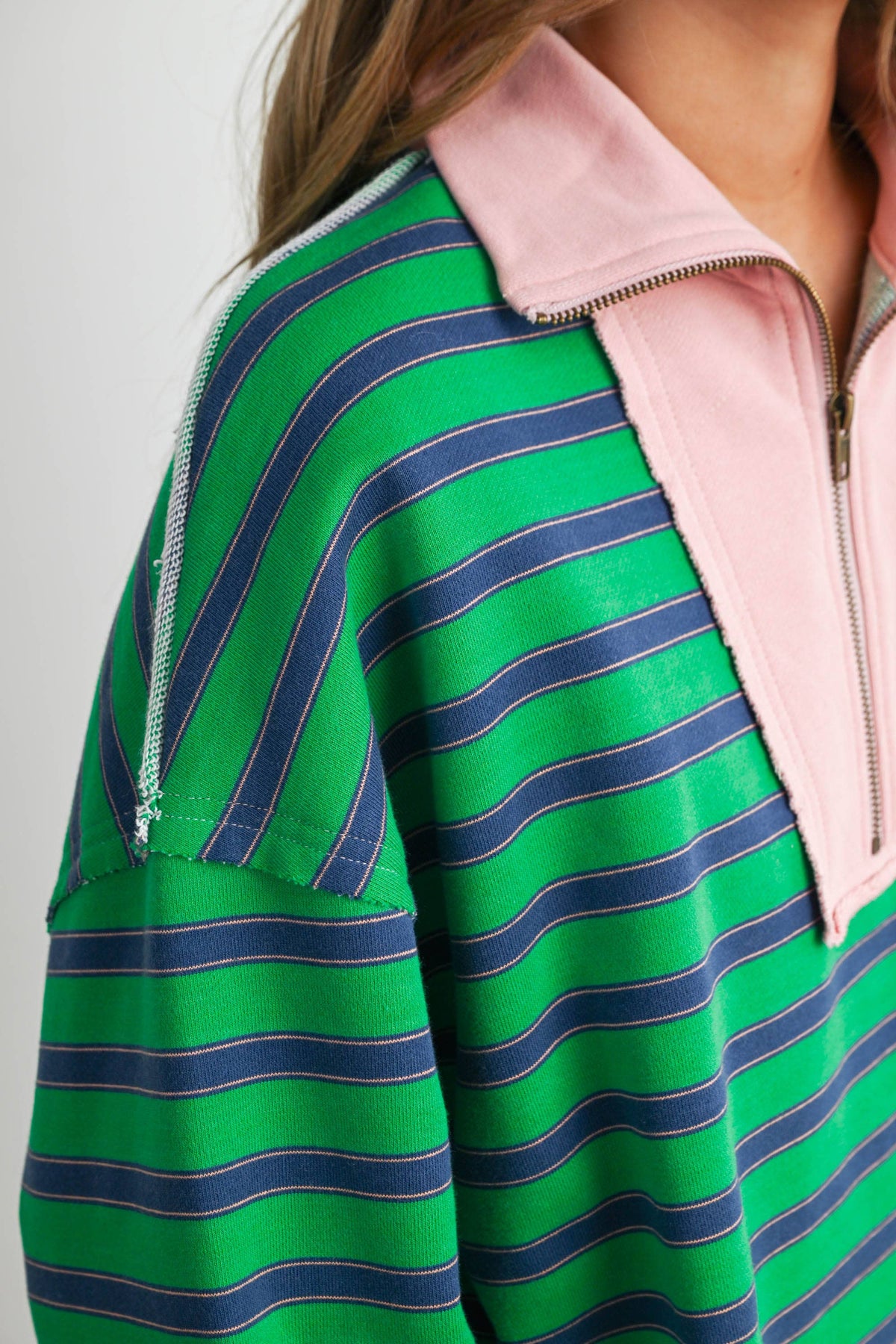 BUTTERMELON - Striped Half Zip Contrast Collar Sweatshirt-BMT8722