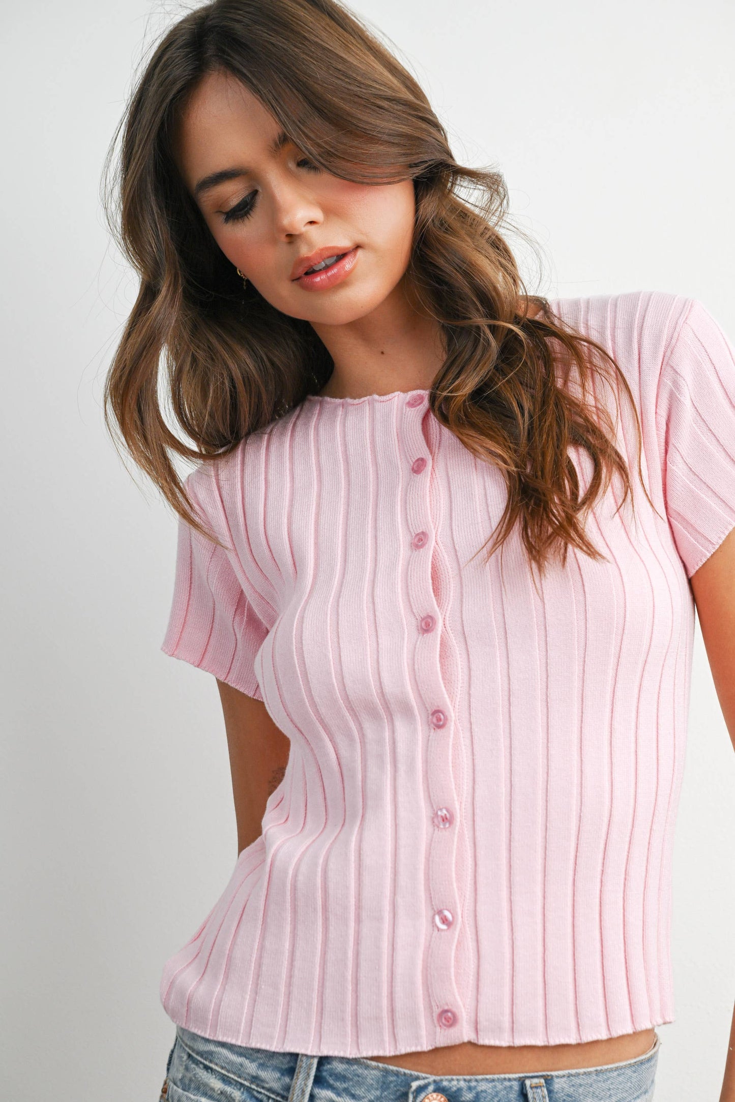 Ribbed Short Sleeve Buttoned Top