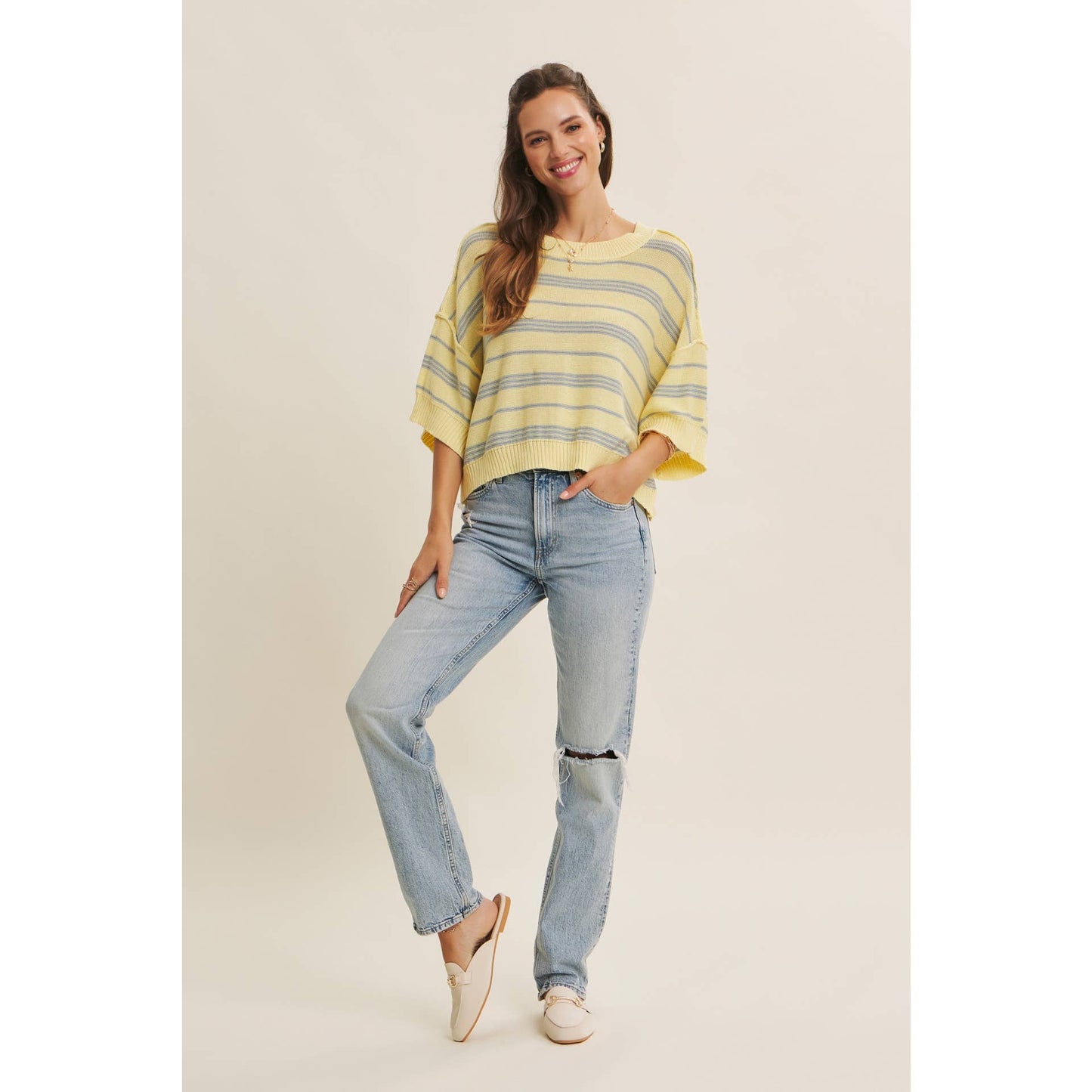 in february - ESSENSE OF WEEKENDS BOXY STRIPE SWEATER WITH DROP SHOULDERS