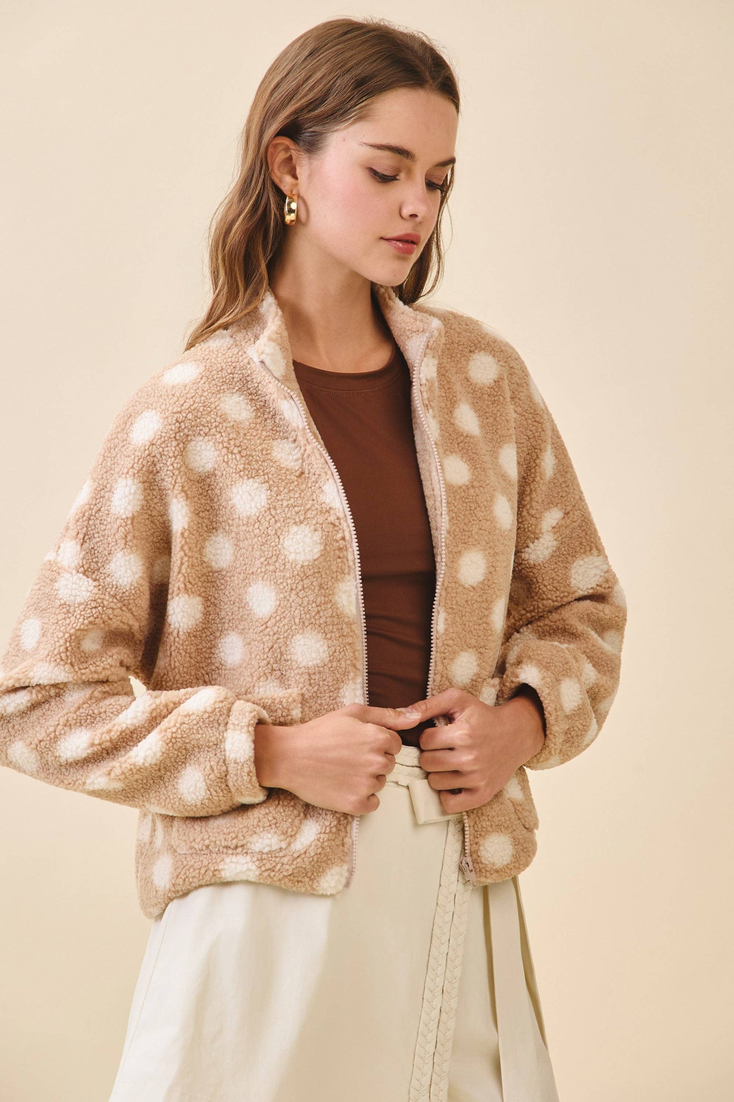 Polka Dot High Collar Front Zip Sherpa Jacket