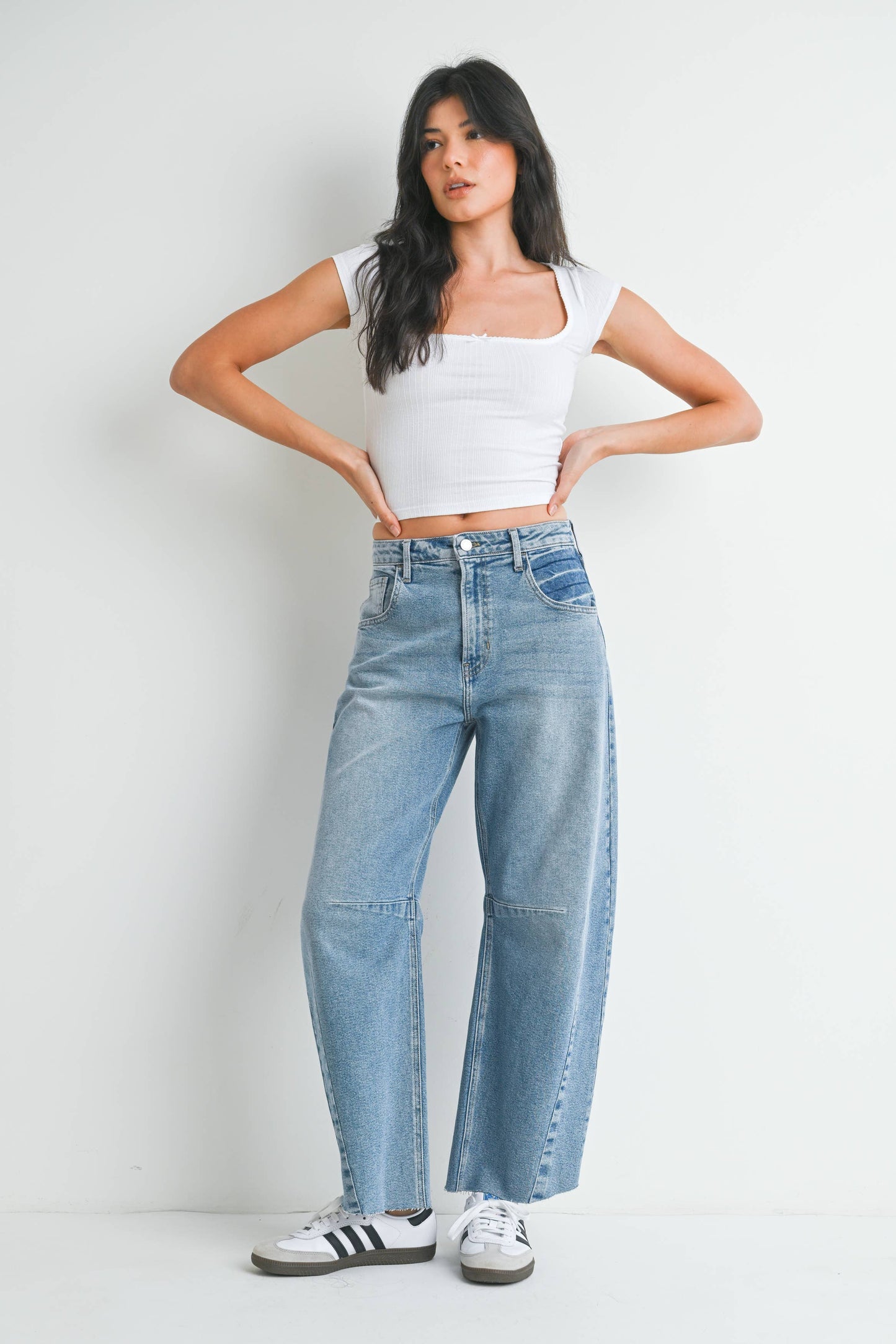 JUST BLACK DENIM - Raw Hem Barrel Jean w/ Seams - LIGHT DENIM - BP473J