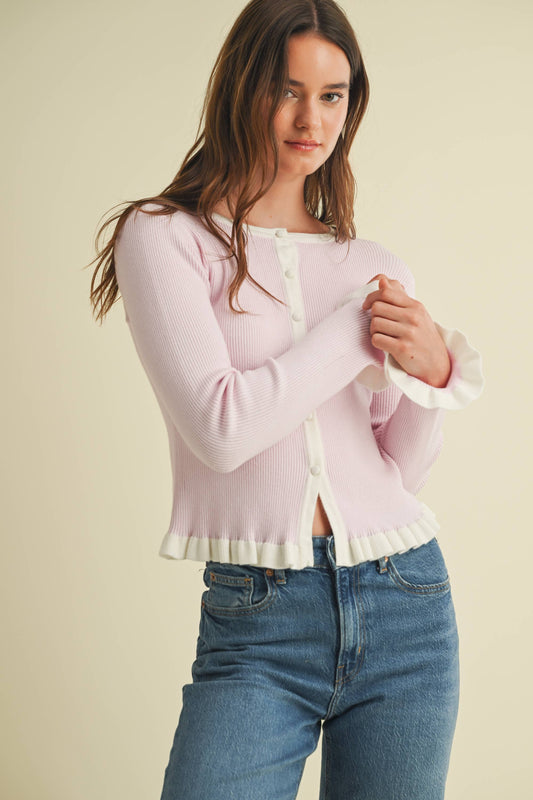 RIBBED CARDIGAN WITH RUFFLED TRIM COLOR CONTRAST