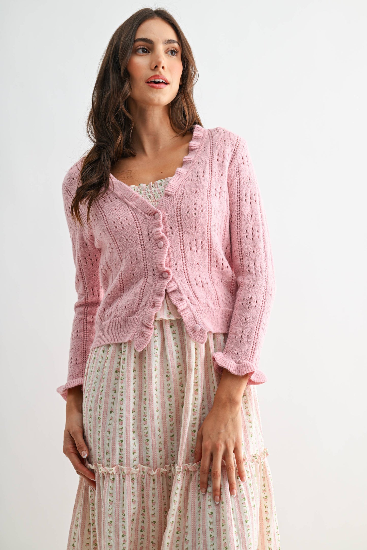 Textured Pink Button-Front Cardigan
