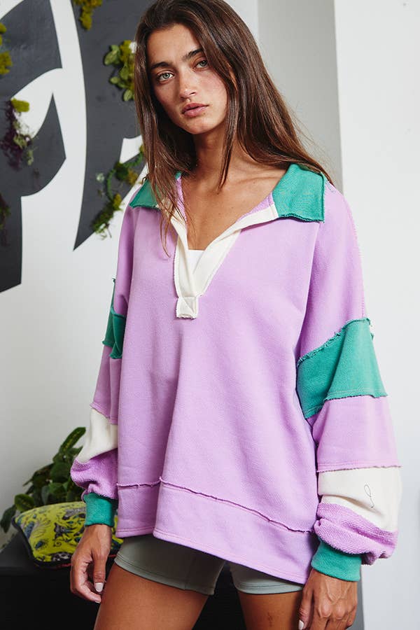 Color-block Collared Loose Fit Top