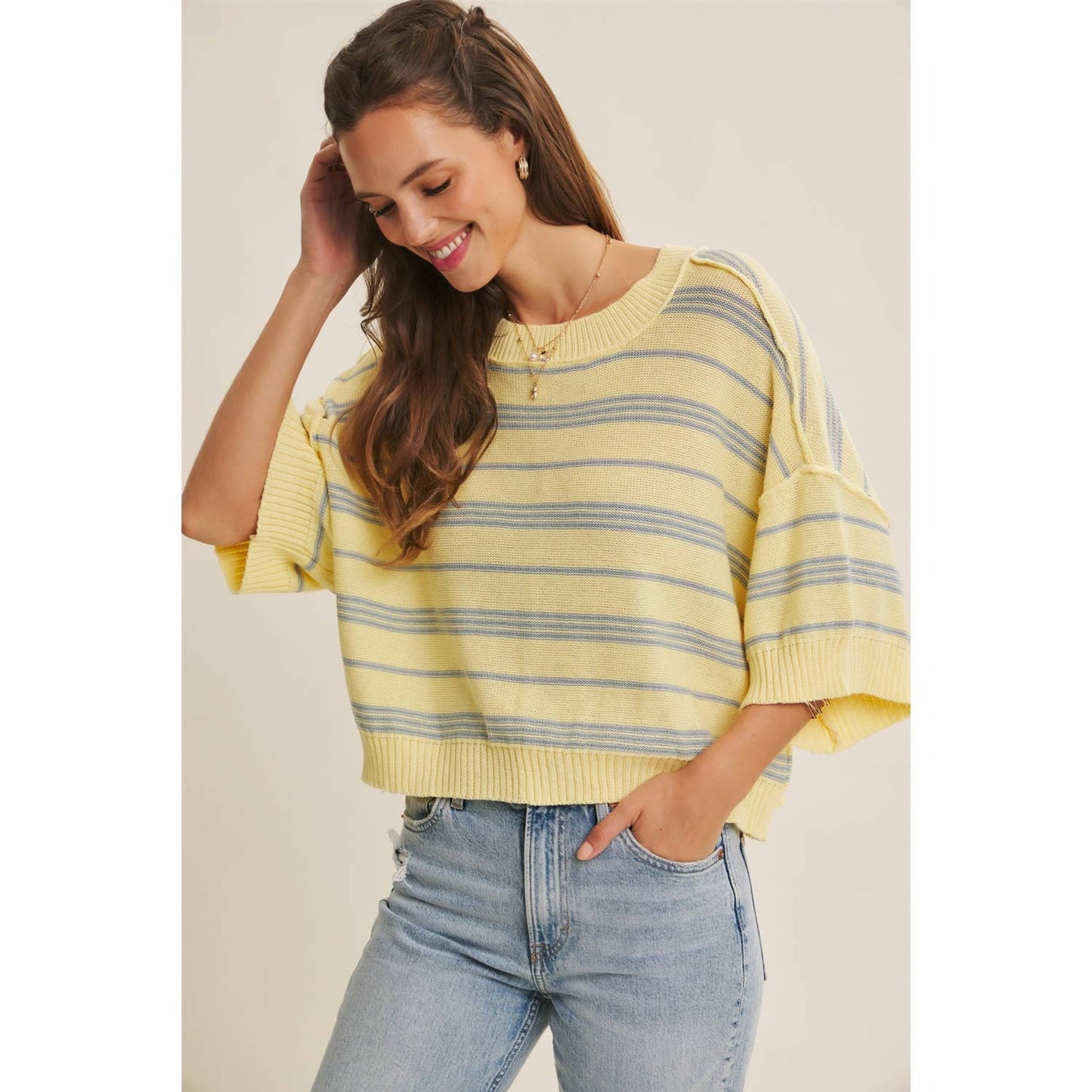 in february - ESSENSE OF WEEKENDS BOXY STRIPE SWEATER WITH DROP SHOULDERS