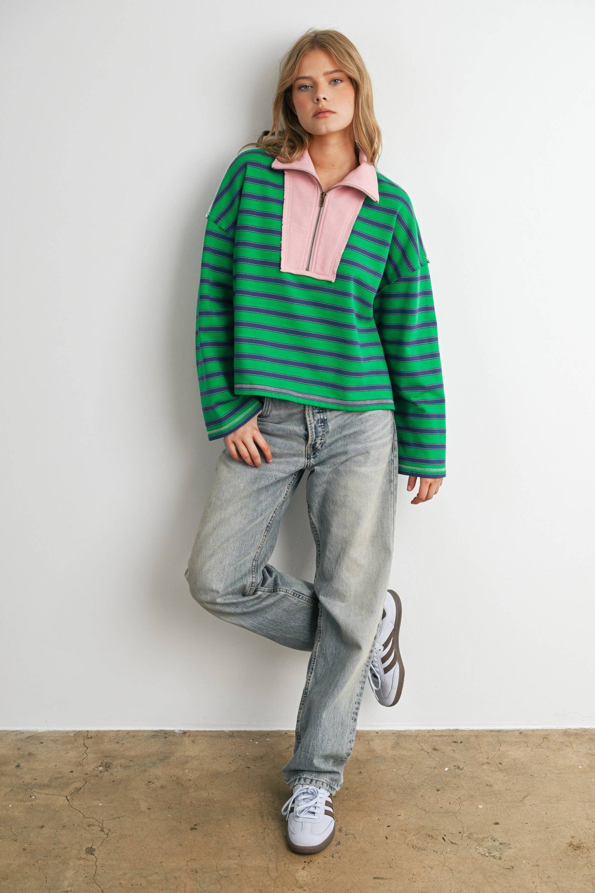 BUTTERMELON - Striped Half Zip Contrast Collar Sweatshirt-BMT8722