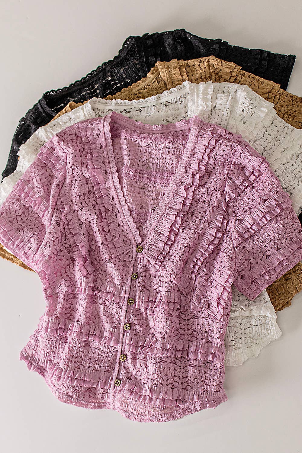Button Down Lace Tiered Layers Blouse Top