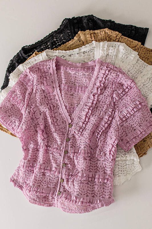 Button Down Lace Tiered Layers Blouse Top