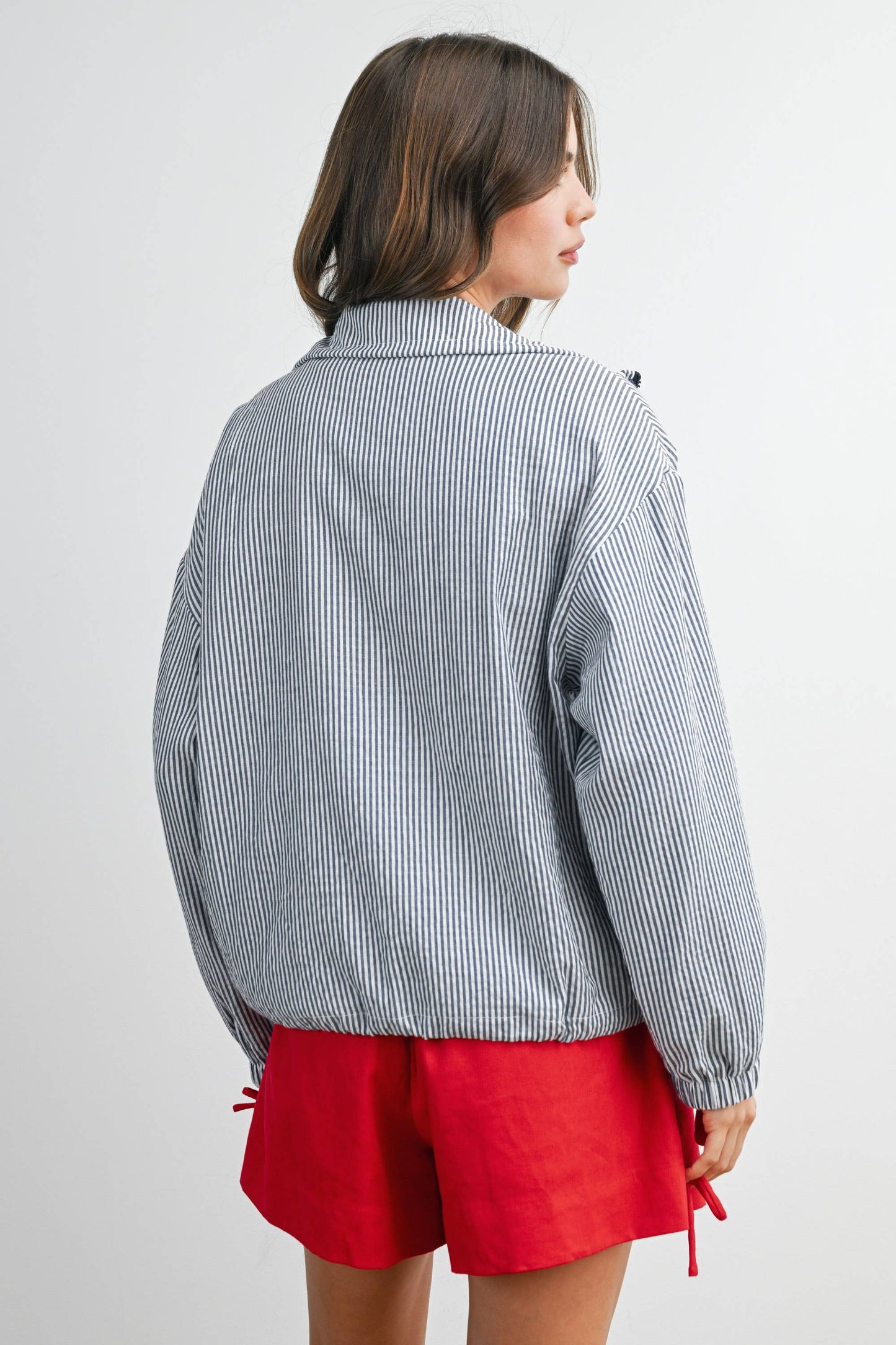 BUTTERMELON - Striped Collared Zip-Front Drawstring Jacket - BMJ7991: BROWN MULTI / L
