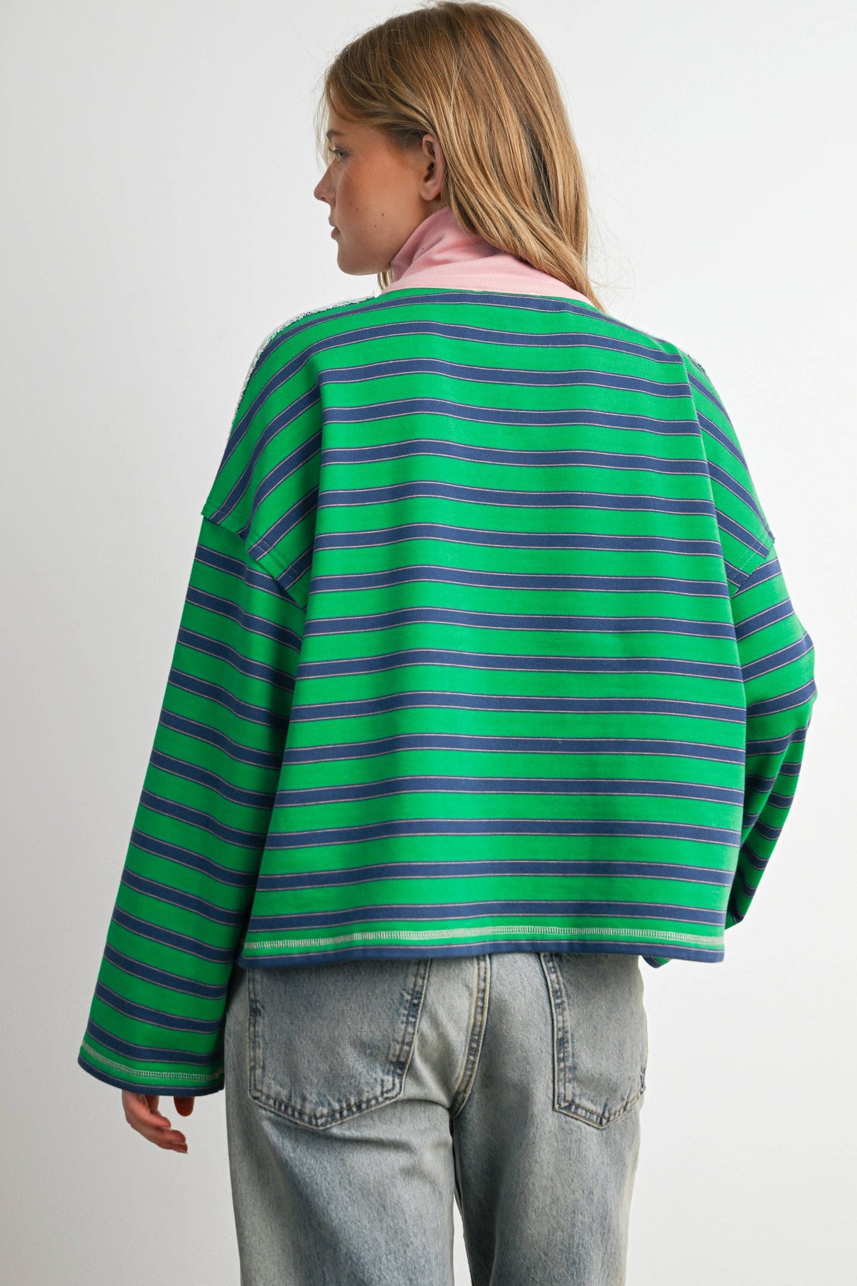 BUTTERMELON - Striped Half Zip Contrast Collar Sweatshirt-BMT8722