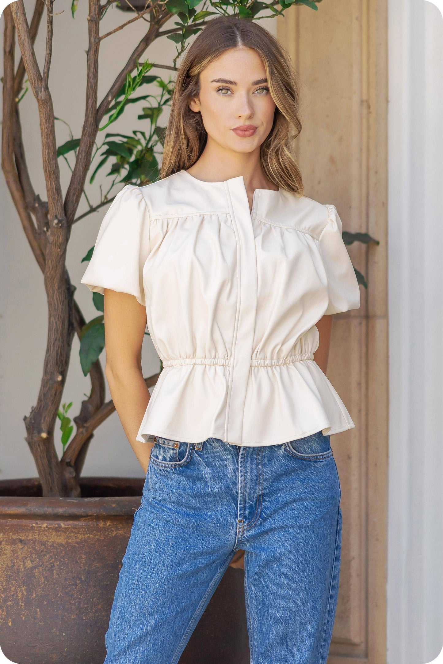 Faux Leather Puff Sleeve Top