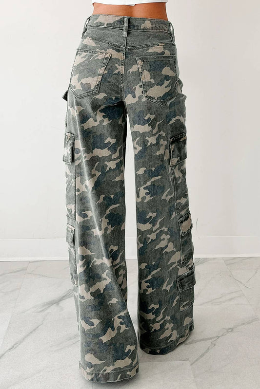 Camo Denim Cargo Wide Leg Pants