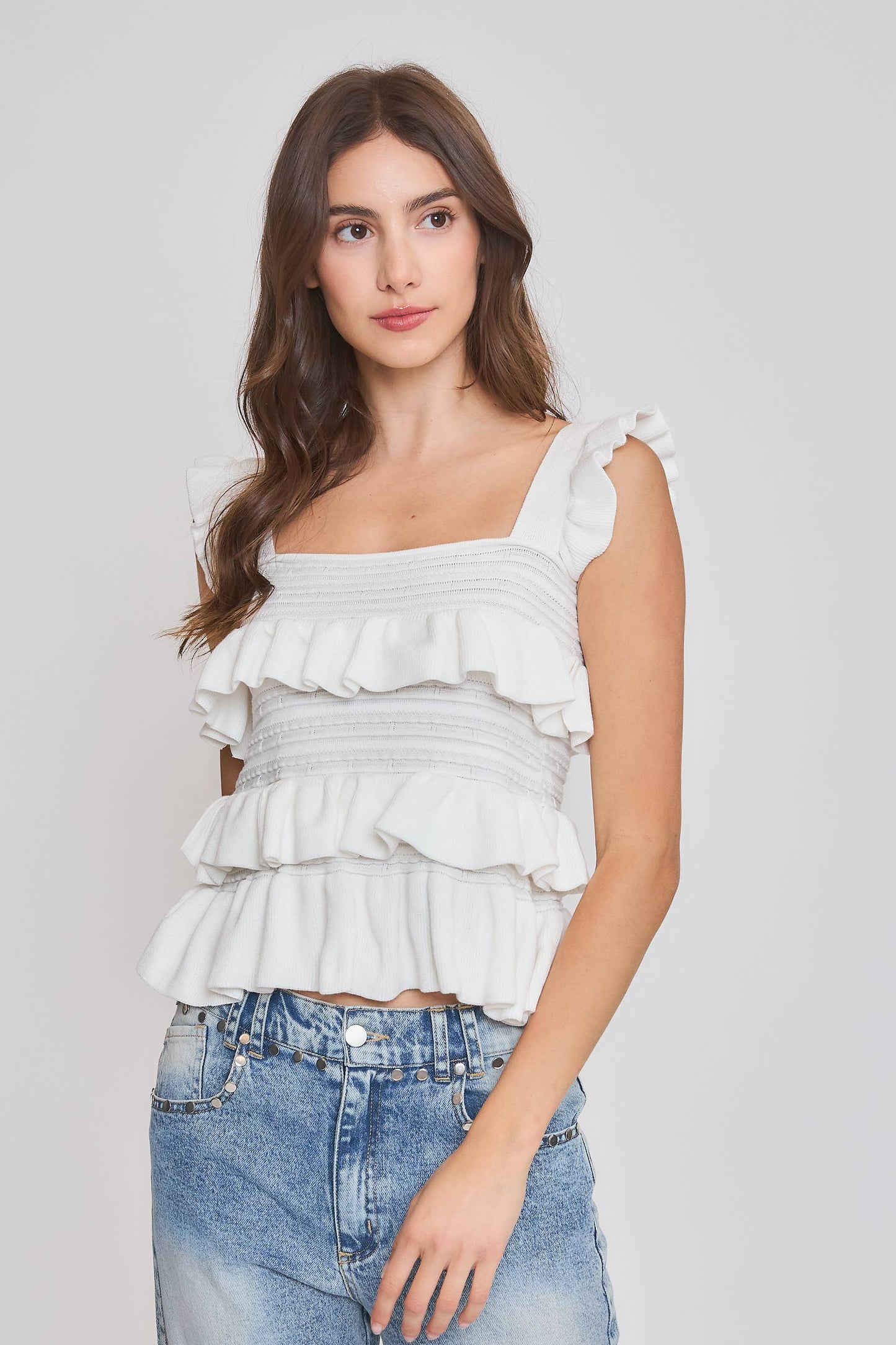 Camellia - CW10030E Red Ruffled Knit Sleeveless Top