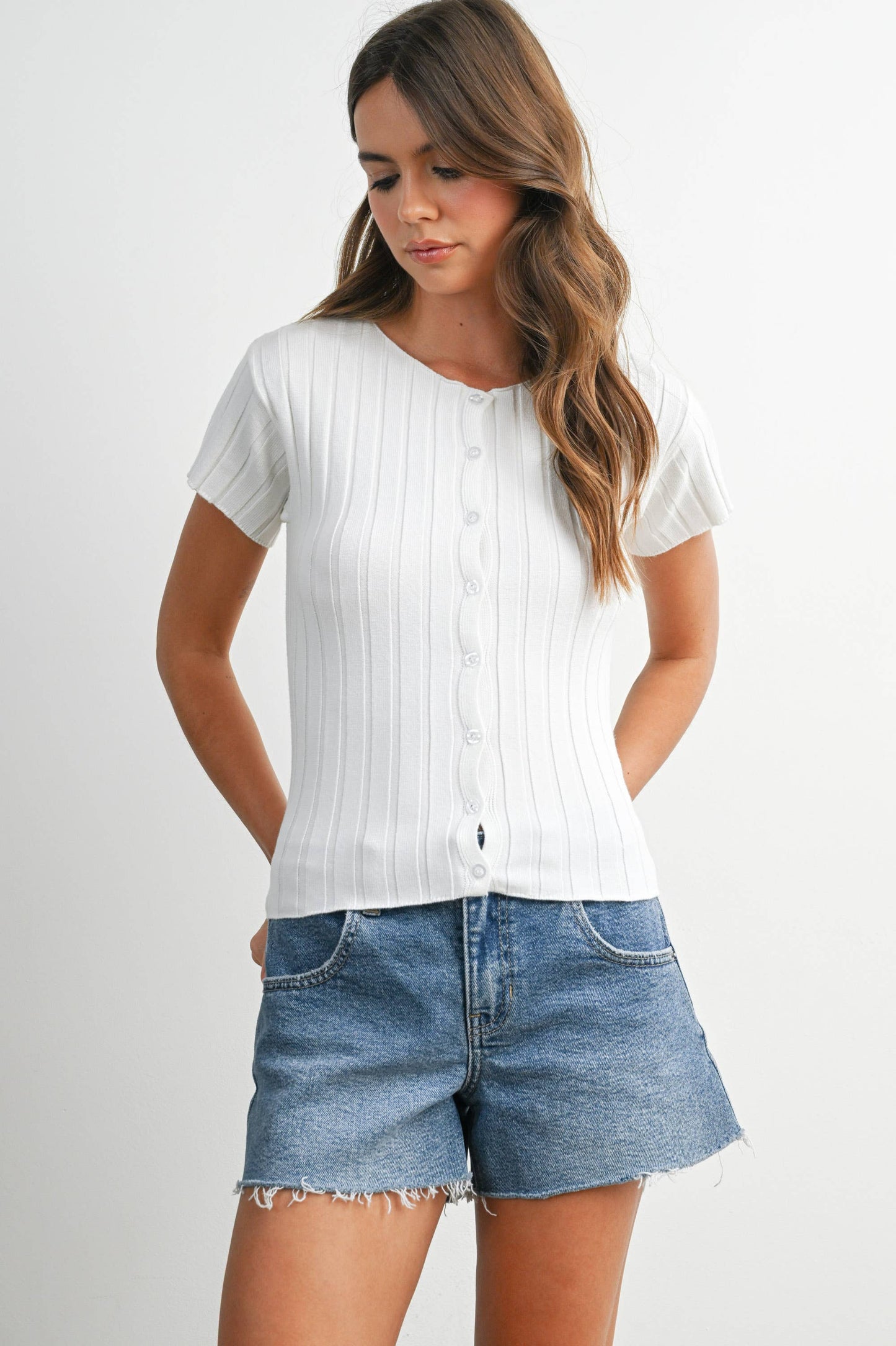 Ribbed Short Sleeve Buttoned Top
