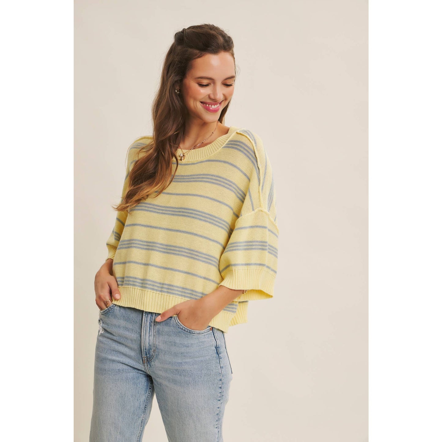 in february - ESSENSE OF WEEKENDS BOXY STRIPE SWEATER WITH DROP SHOULDERS