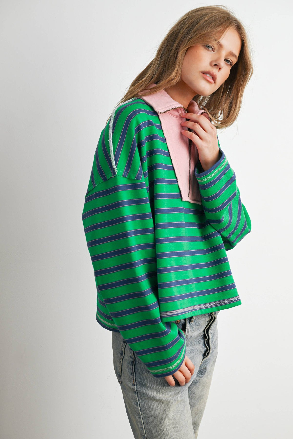 BUTTERMELON - Striped Half Zip Contrast Collar Sweatshirt-BMT8722