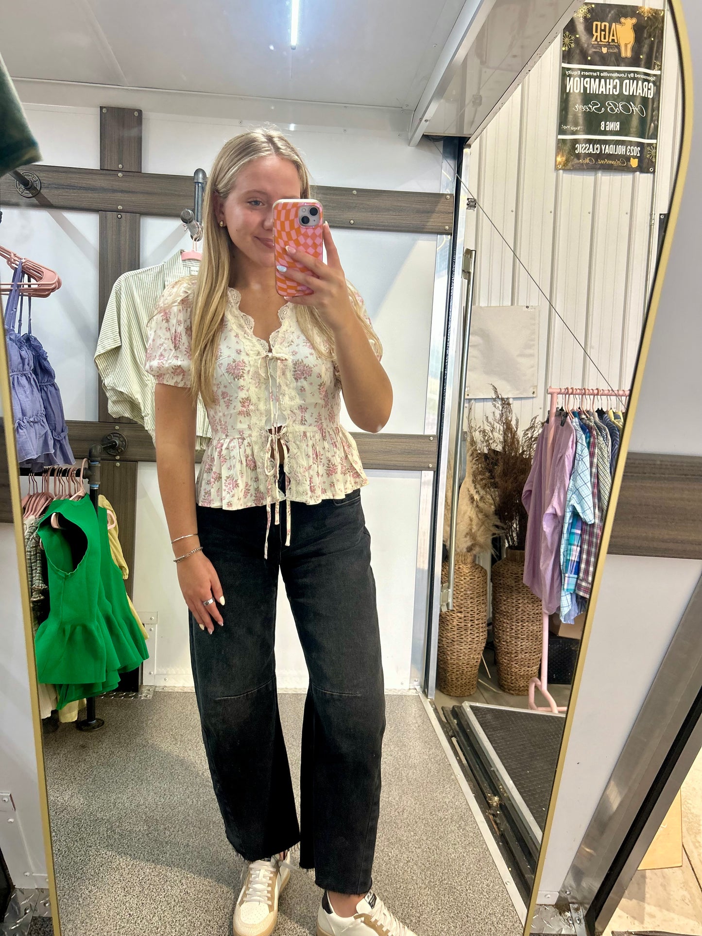 FLORAL SCALLOP LACE TRIMMED RIBBON TIE BLOUSE  TOP