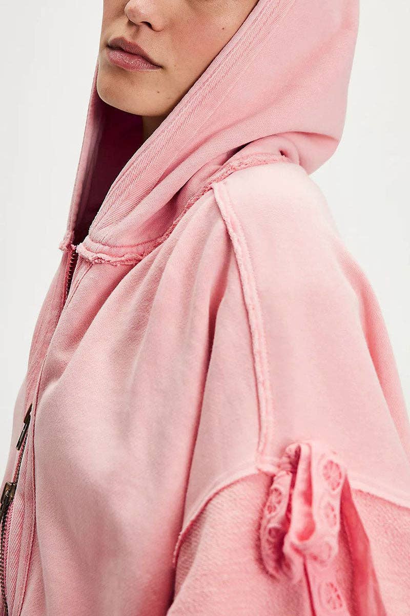 Mccolin - Tie-Sleeve Puff Zip-Up Hoodie