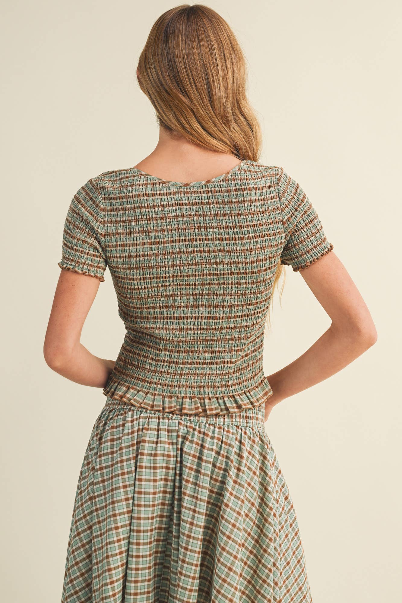 Mustard Seed - Square-Neck Smocked Plaid Blouse