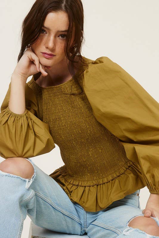 Puff Sleeve Ruched Peplum Blouse