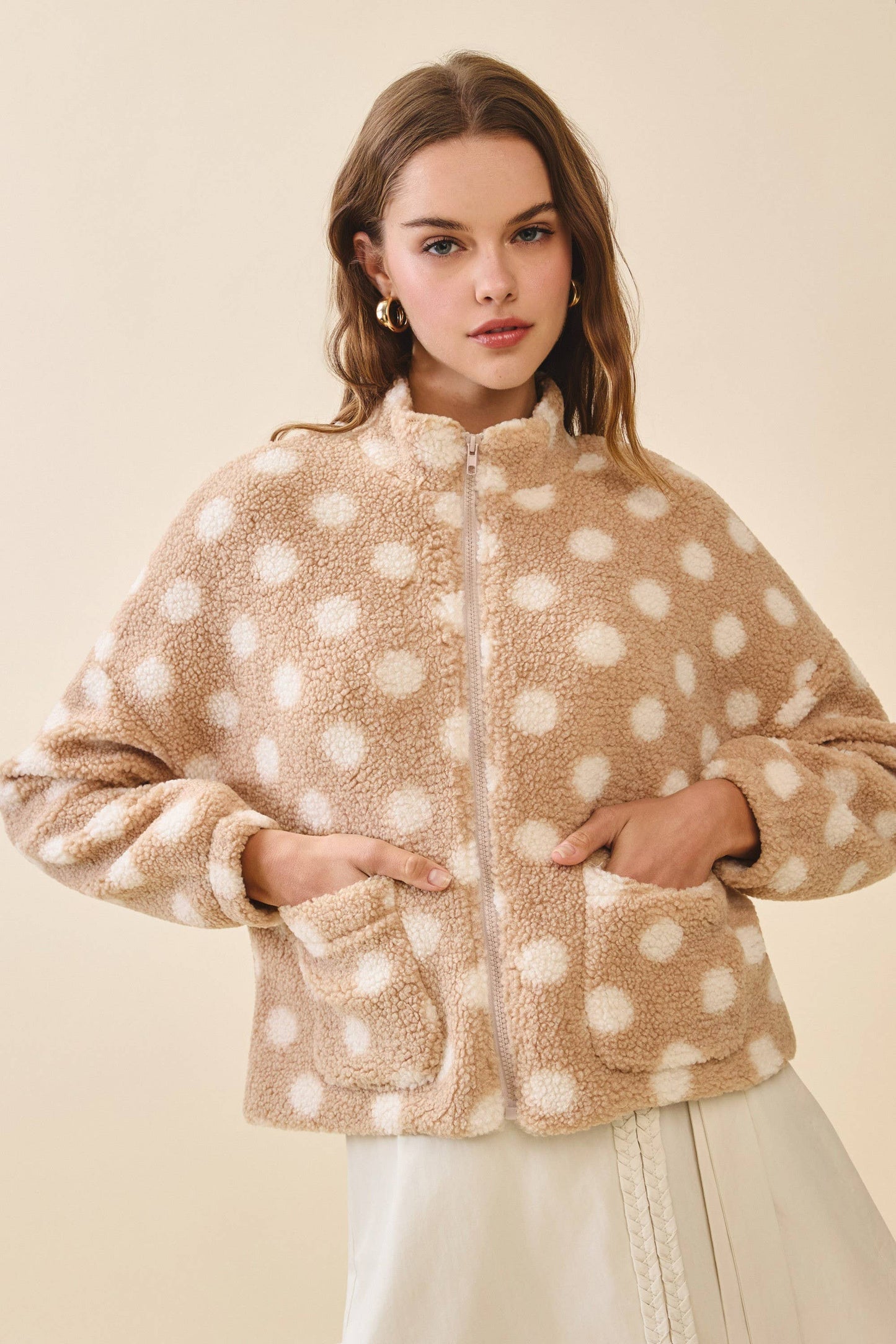 Polka Dot High Collar Front Zip Sherpa Jacket