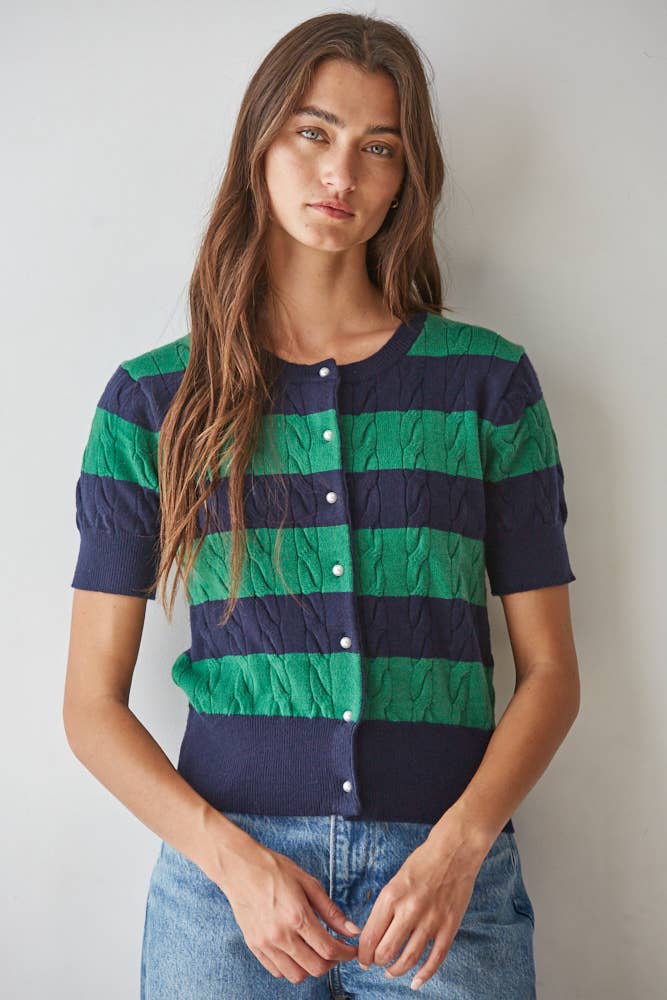Cable Knit Button Down Short Sleeve Cardigan Top