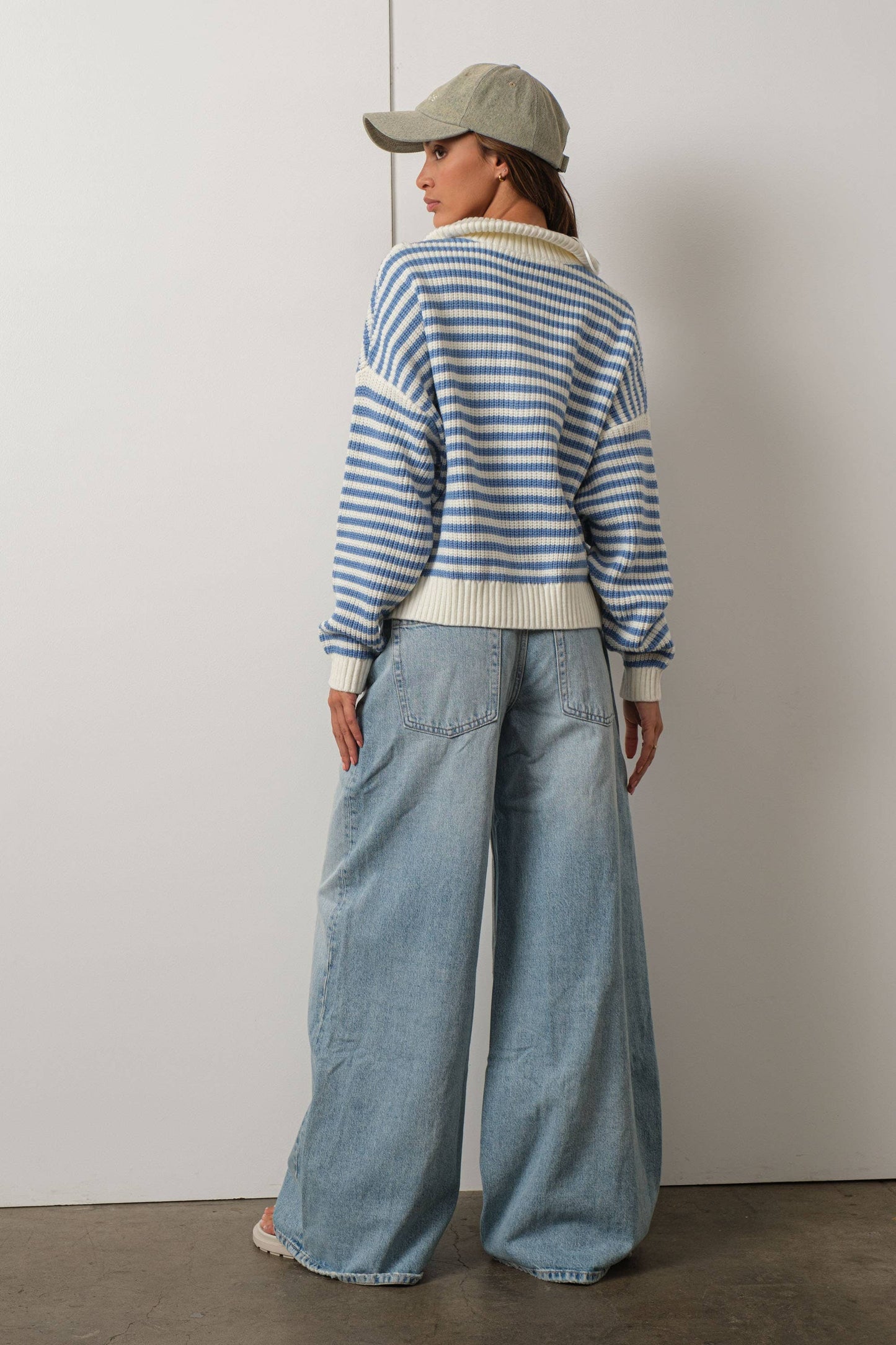 Blue Striped Knit Quarter Zip Sweater