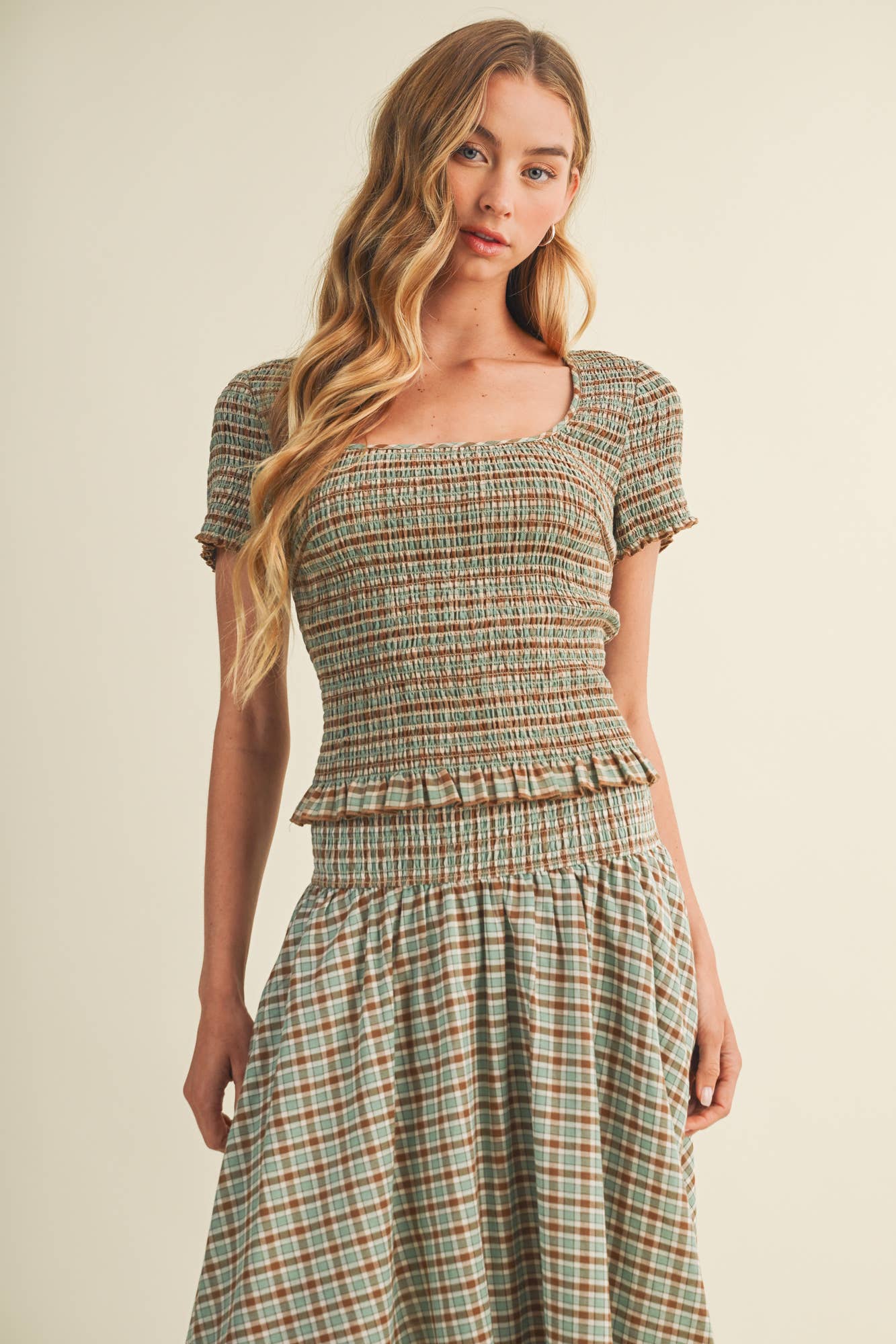 Mustard Seed - Square-Neck Smocked Plaid Blouse