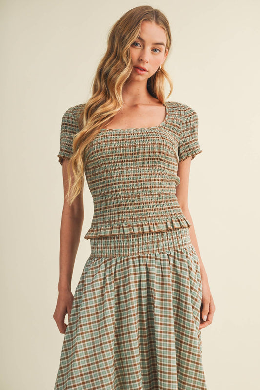 Square-Neck Smocked Plaid Blouse